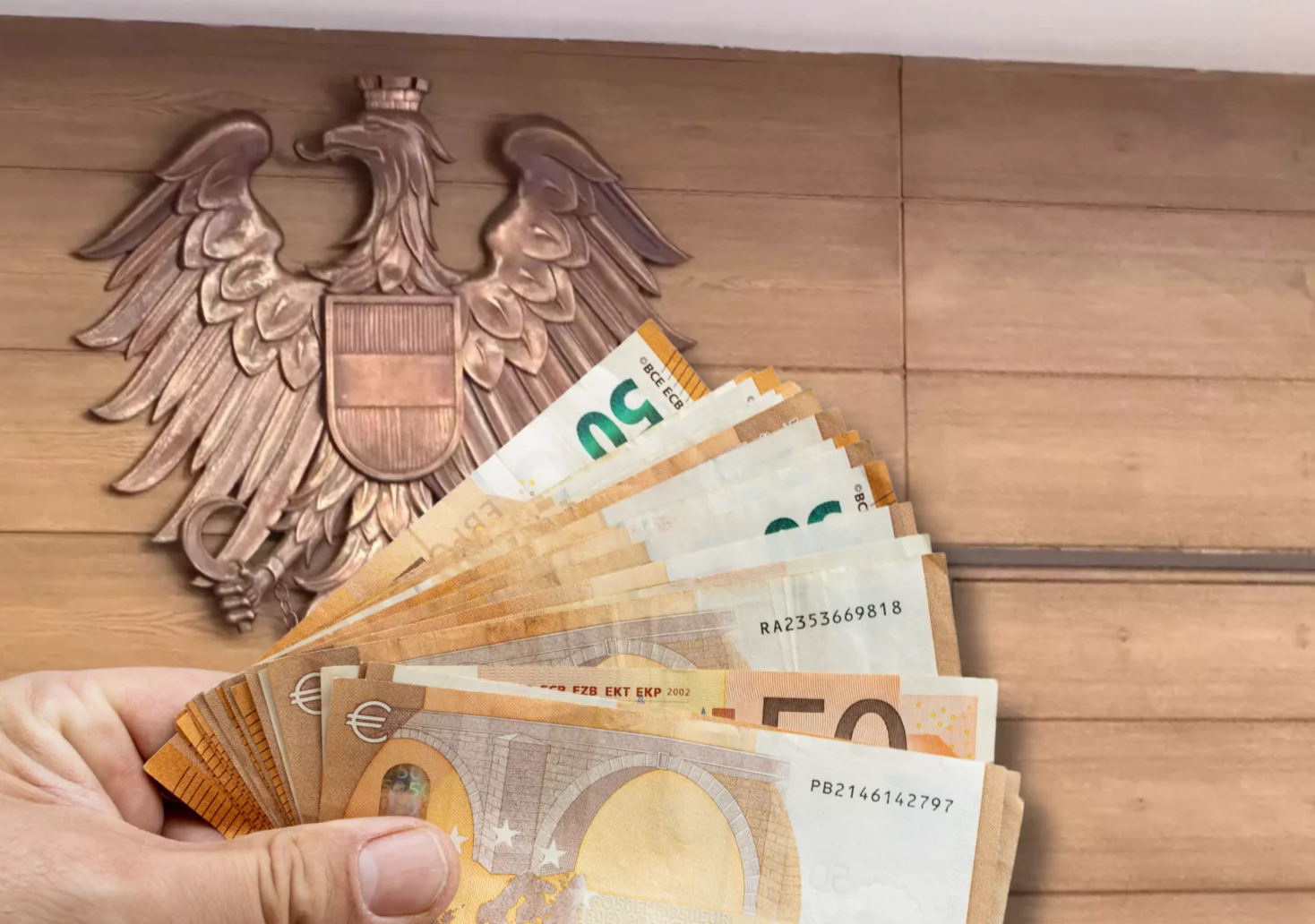 Eine Bildmontage auf 5min.at zeigt einen Gerichtssaal in Klagenfurt sowie eine Hand, die 50 Euro Scheine hält.