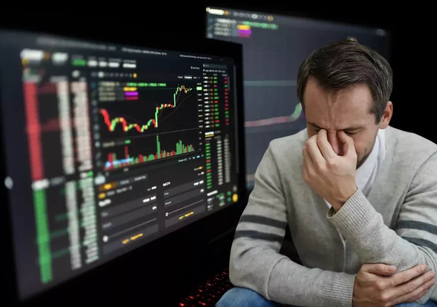 Montage auf 5min.at zeigt einen verzweifelten Mann und Bildschirme im Hintergrund