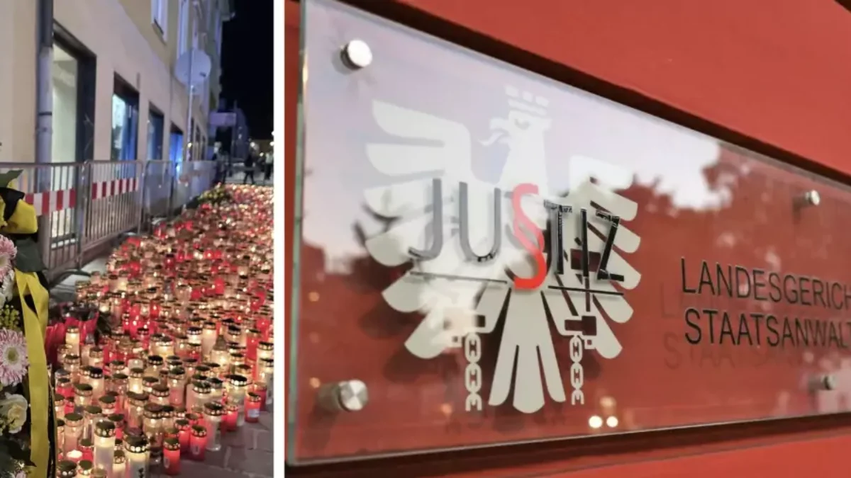 Montage auf 5min.at zeigt Kerzen am Tatort des Attentats in Villach und das Landesstrafgericht in Klagenfurt