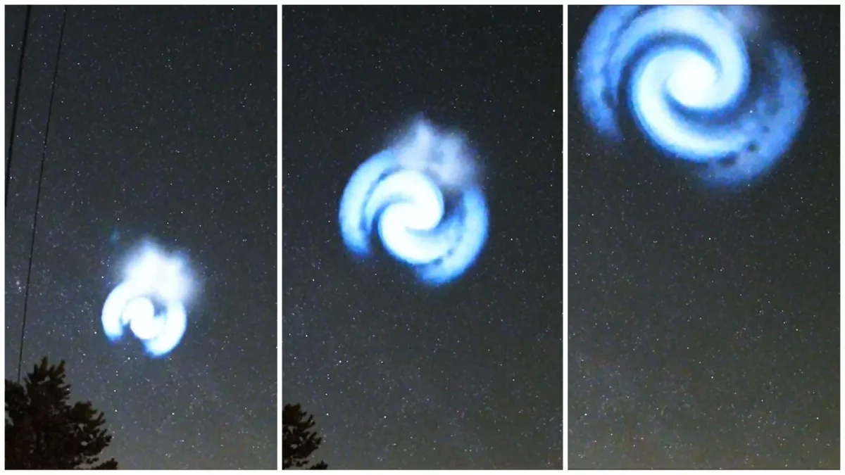 Foto in Beitrag von 5min.at: Zu sehen ist die blaue Spirale, wie sie sich entwickelt und über den Himmel fliegt.