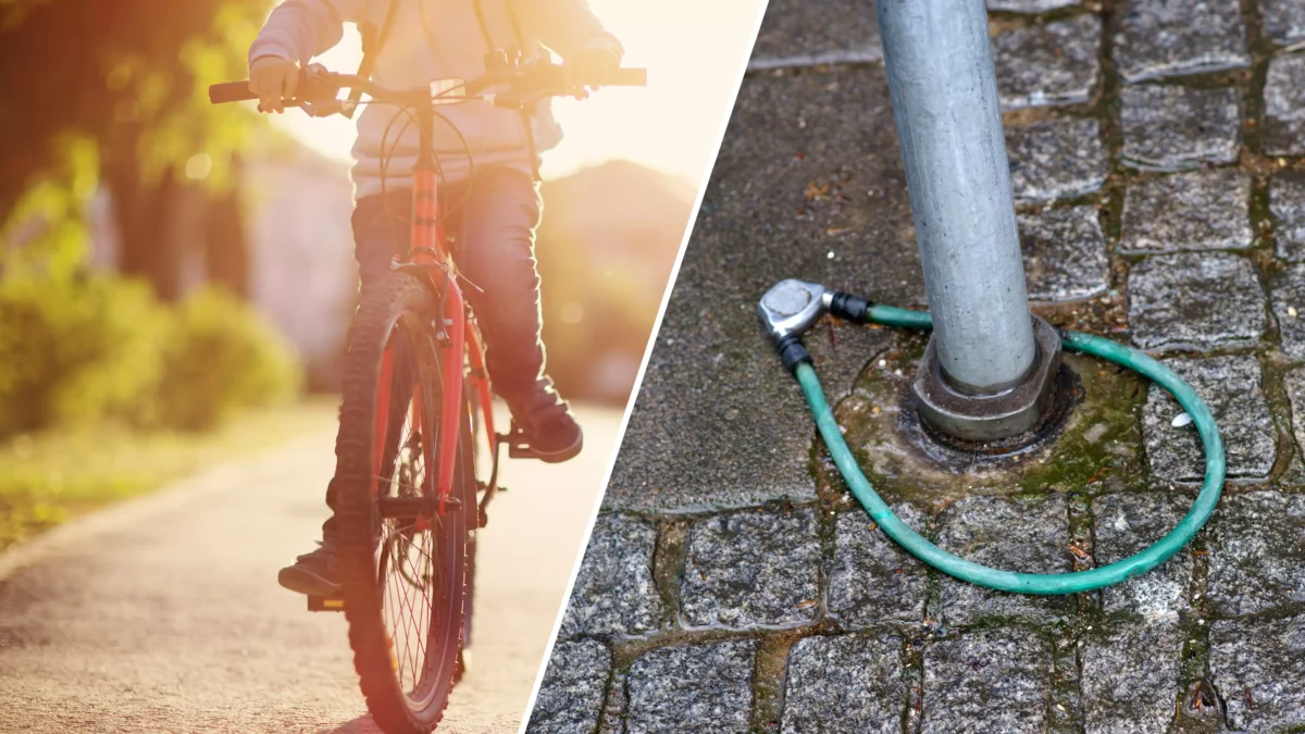 Eine Bildmontage auf 5min.at zeigt jemanden, der Fahrrad fährt und ein Fahrradschloss, welches lose an einem Laternenmast hängt.