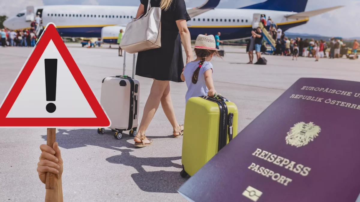 Ein Bild auf 5min.at zeigt ein Flugzeug mit einem Reisepass und ein Warnschild