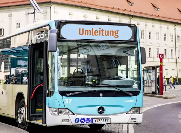 Das Bild auf 5min.at zeigt einen KMG-Bus mit der Schrift "Umleitung" vorn.