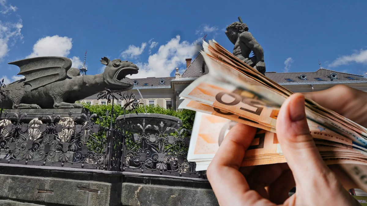 Ein Bild auf 5min.at zeigt den Lindwurm in Klagenfurt und 50 Euro Scheine