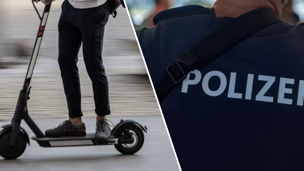 Ein Bild auf 5min.at zeigt einen Polizist und einen E-Scooter Fahrer.