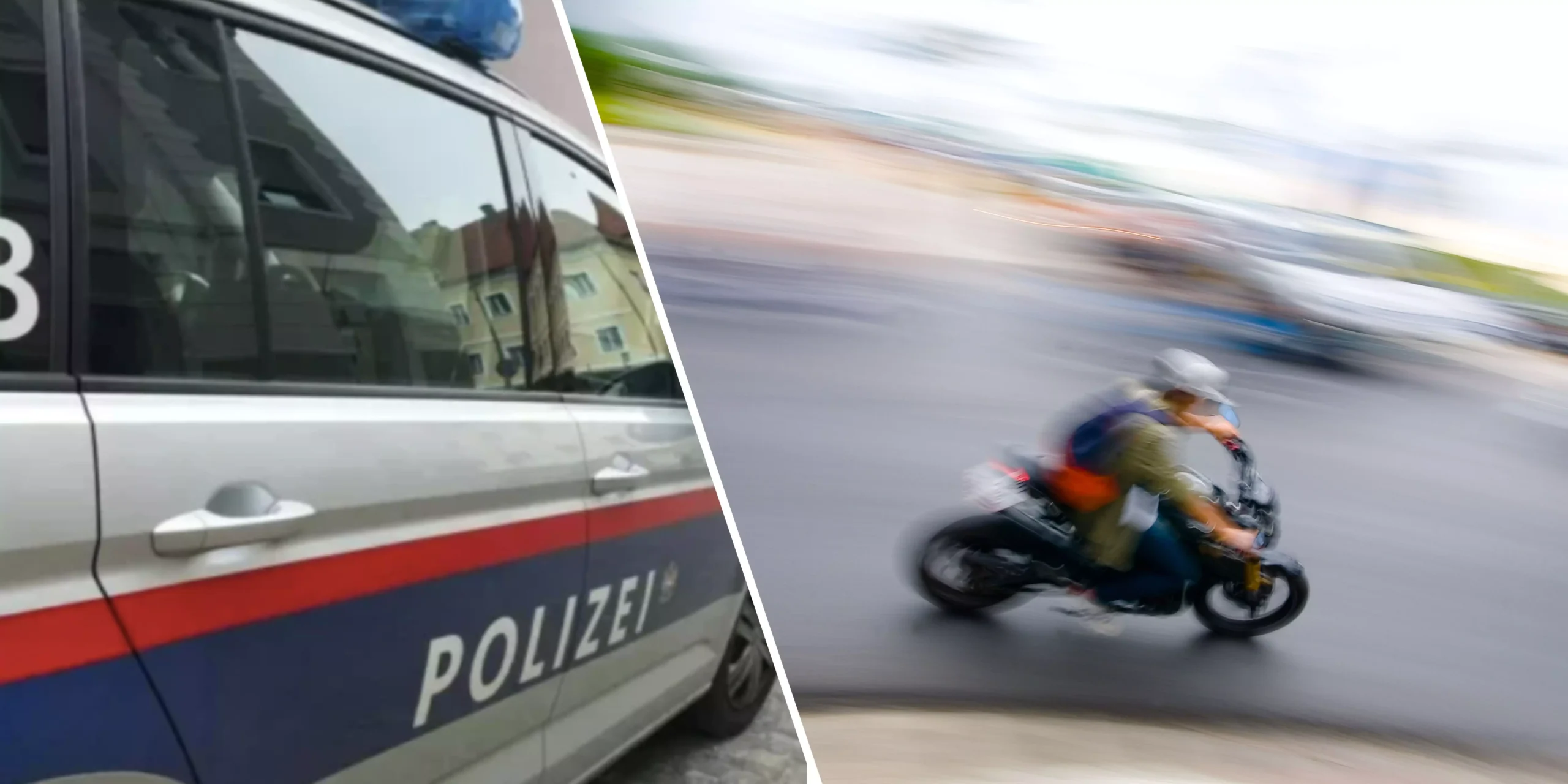 Ein Bild auf 5min.at zeigt ein Polizeiauto und einen Mopedfahrer.