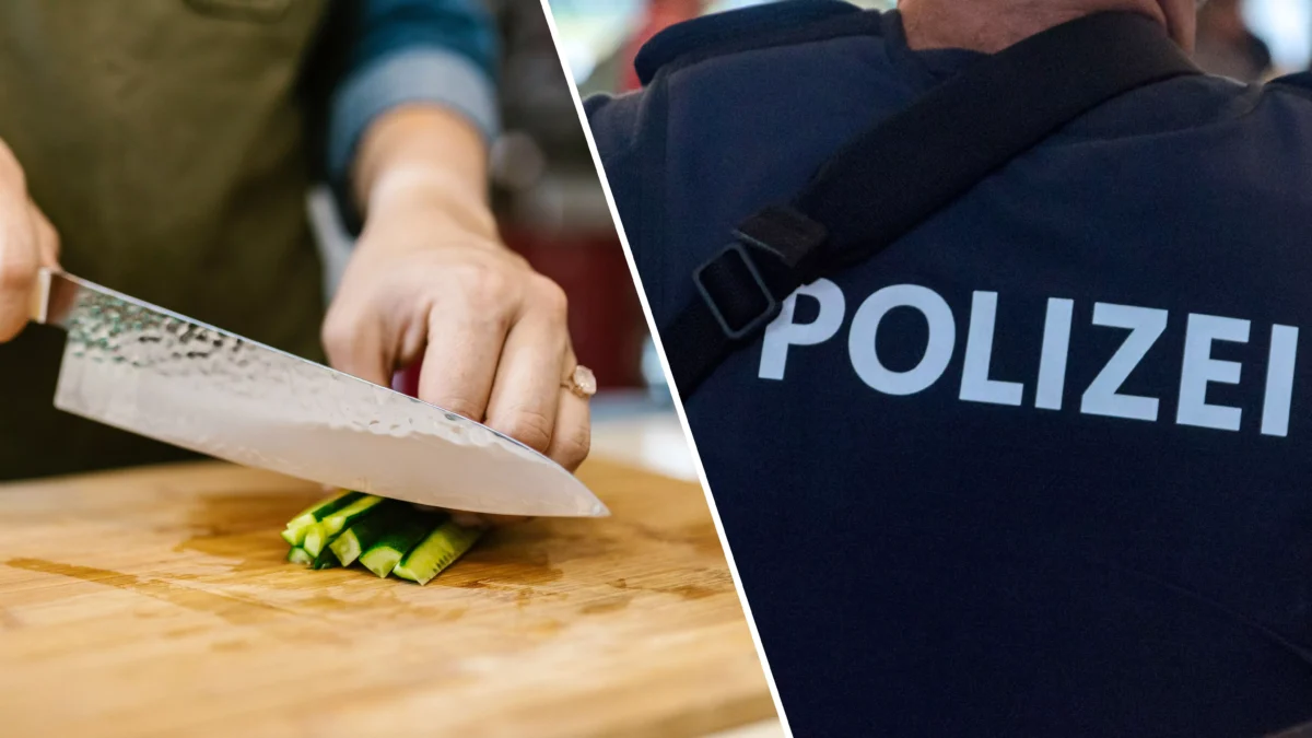 Ein Bild auf 5min.at zeigt eine Frau beim Schneiden mit einem Küchenmesser und das Polizeilogo auf dem Rücken eines Polizisten.