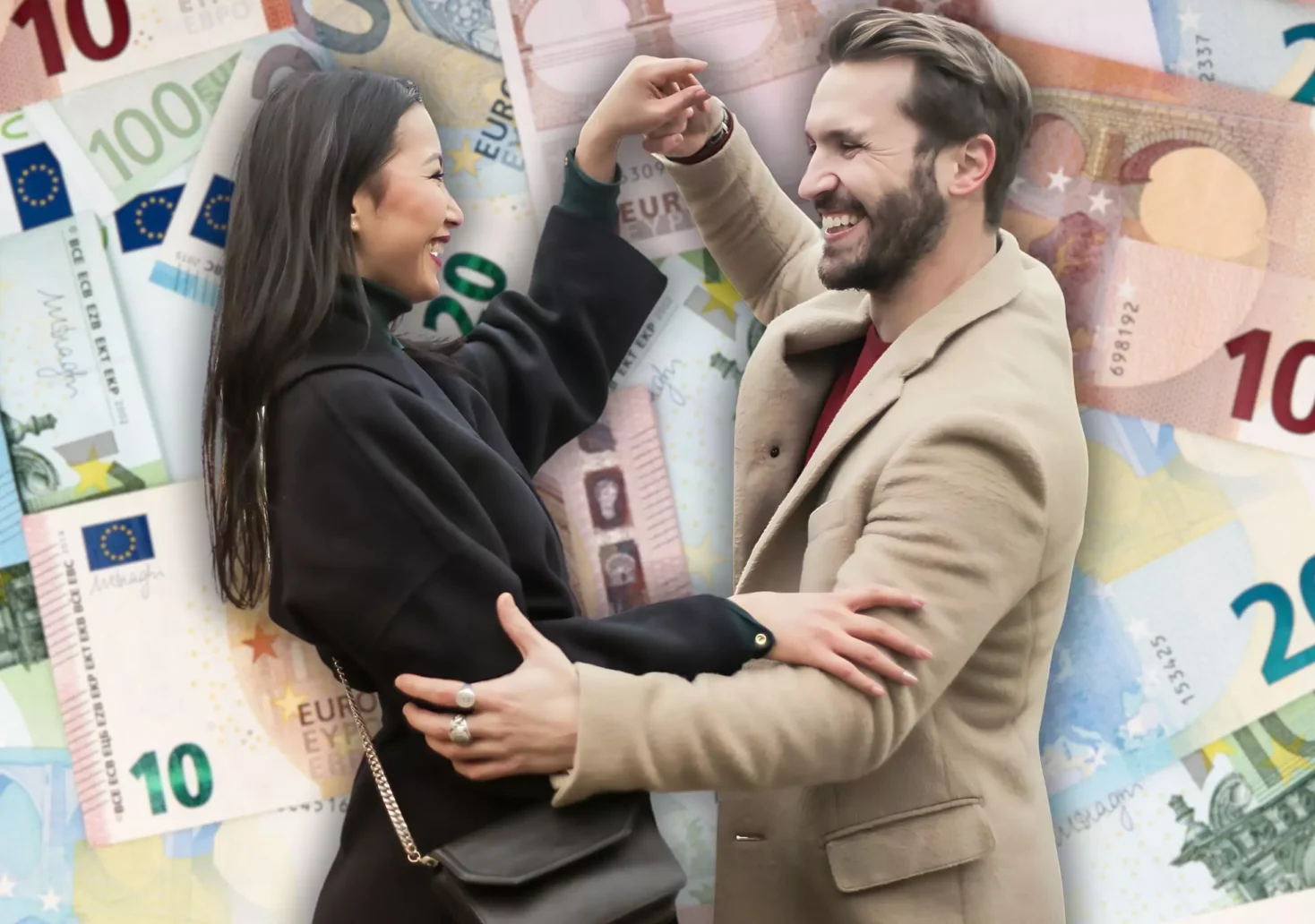 Foto in Beitrag von 5min.at: Zu sehen zwei tanzende Menschen - ein Mann und eine Frau - vor einigen Geldscheinen.