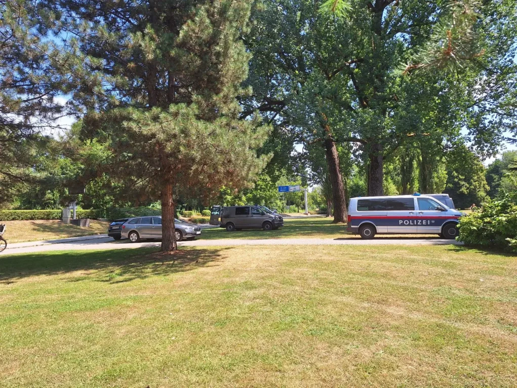Bild auf 5min.at zeigt einen Polizeieinsatz in einem Park.