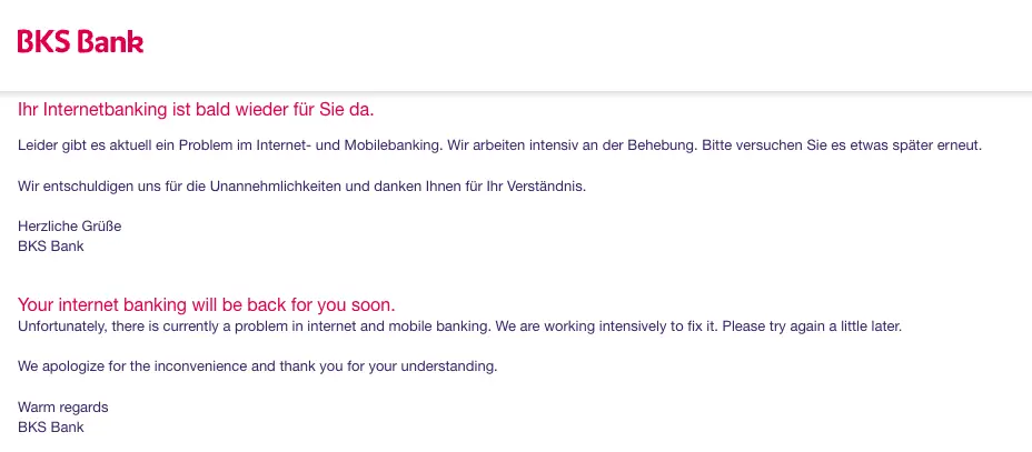 Das Bild auf 5min.at zeigt eine St&ouml;rungsmeldung der BKS Bank.