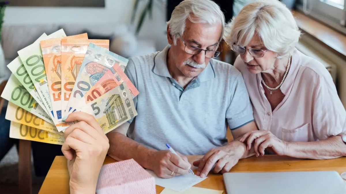 Foto in Beitrag von 5min.at zeigt zwei Pensionisten, die gerade einen Brief oder dergleichen schreiben, daneben ein Laptop und im Vordergrund eine Hand mit Geld.