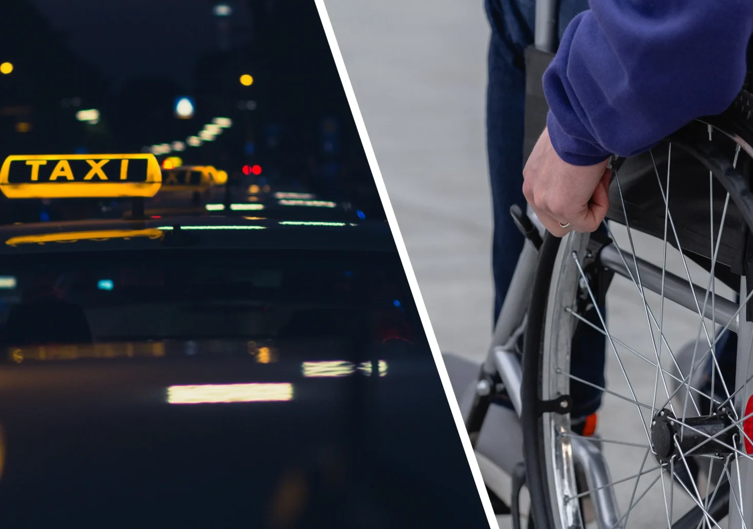 Das Bild auf 5min.at zeigt mehrere Taxis in der Nacht und einen Mann im Rollstuhl.