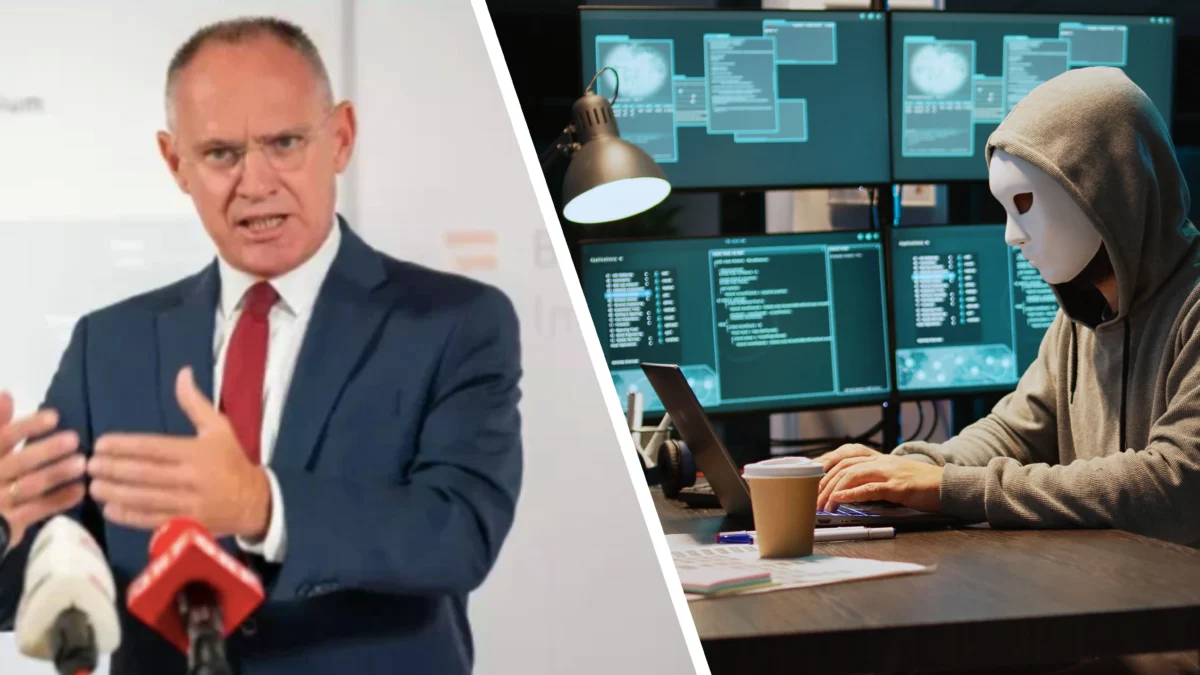 Ein Bild auf 5min.at zeigt Innnenmister Karner und eine Person mit einer Maske vor mehreren Bildschirmen.