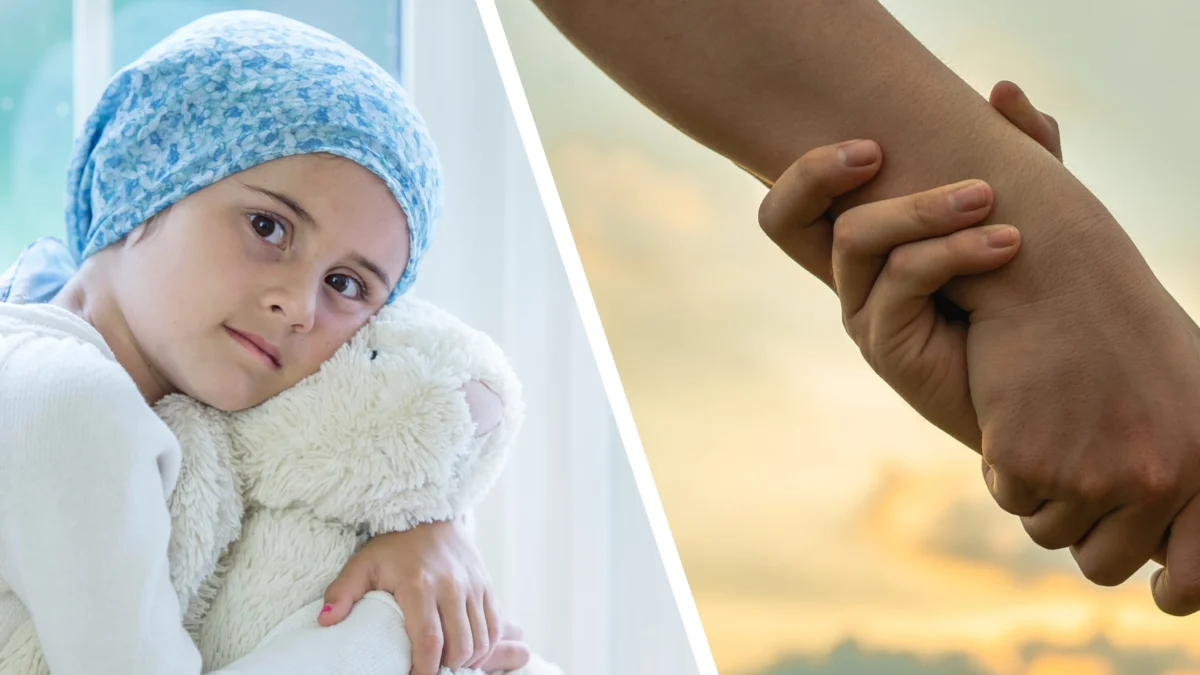 Das Bild auf 5min.at zeigt ein Kind, das Leukämie hat und helfende Hände.