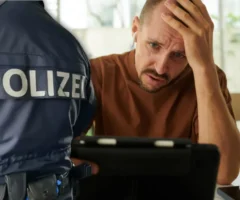 Foto in Beitrag von 5min.at zeigt einen verzweifelten Mann am Tablet und einen Polizisten.