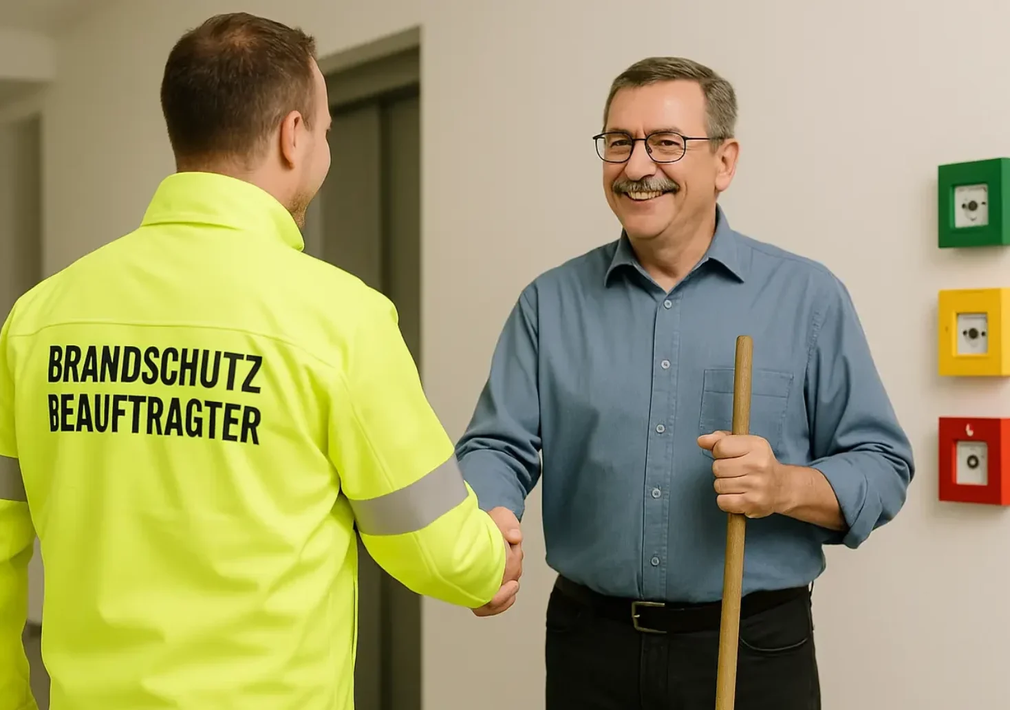 Das Bild auf 5min.at zeigt ein Bild welches von ChatGPT generiert ist. Ein Brandschutzbeauftragter gibt einem Bewohner einer Wohnanlage die Hand.