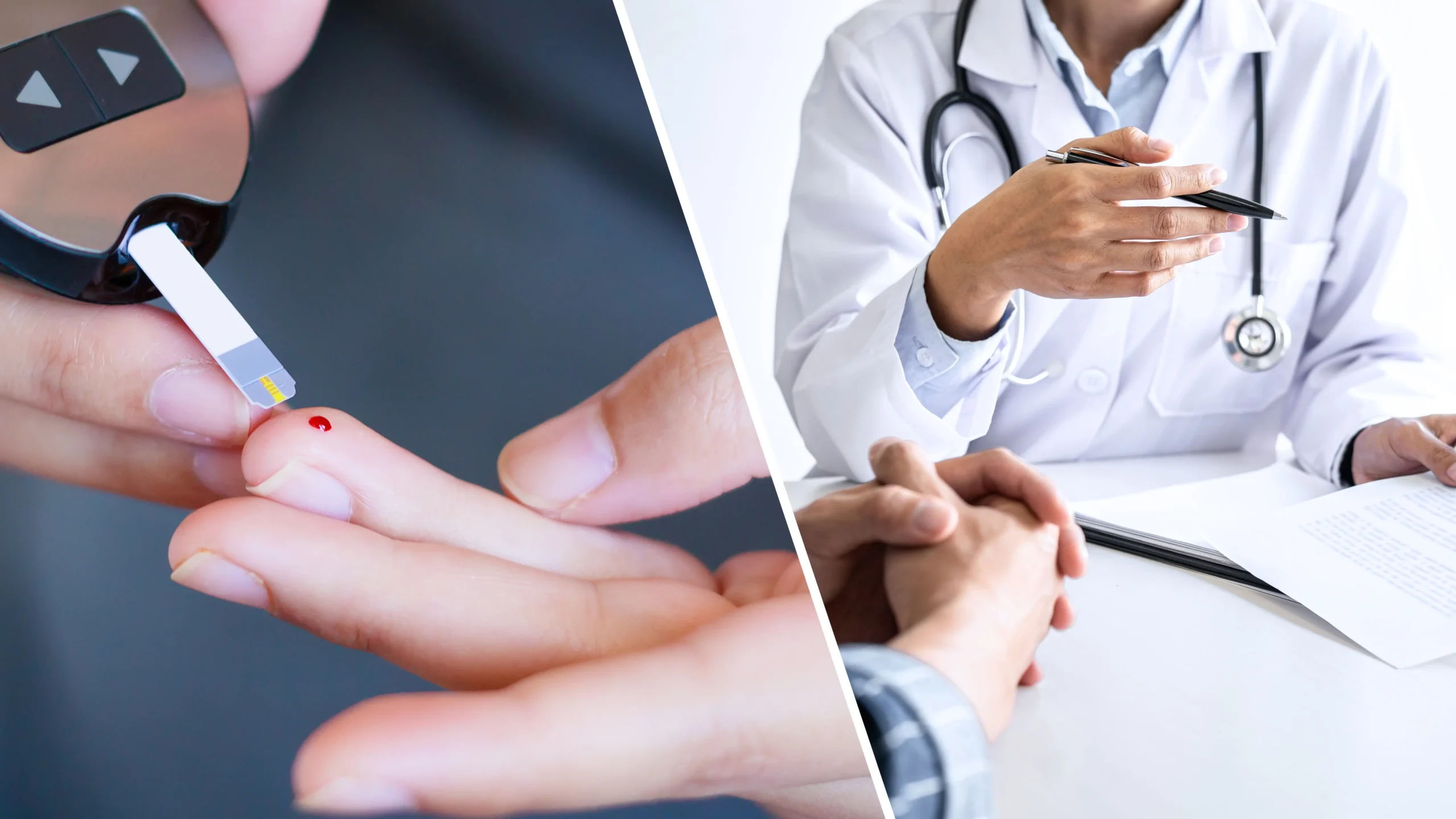 Eine Bildmontage auf 5min.at zeigt einen Blutzucker-Test sowie ein Beratungsgespräch bei einem Arzt.