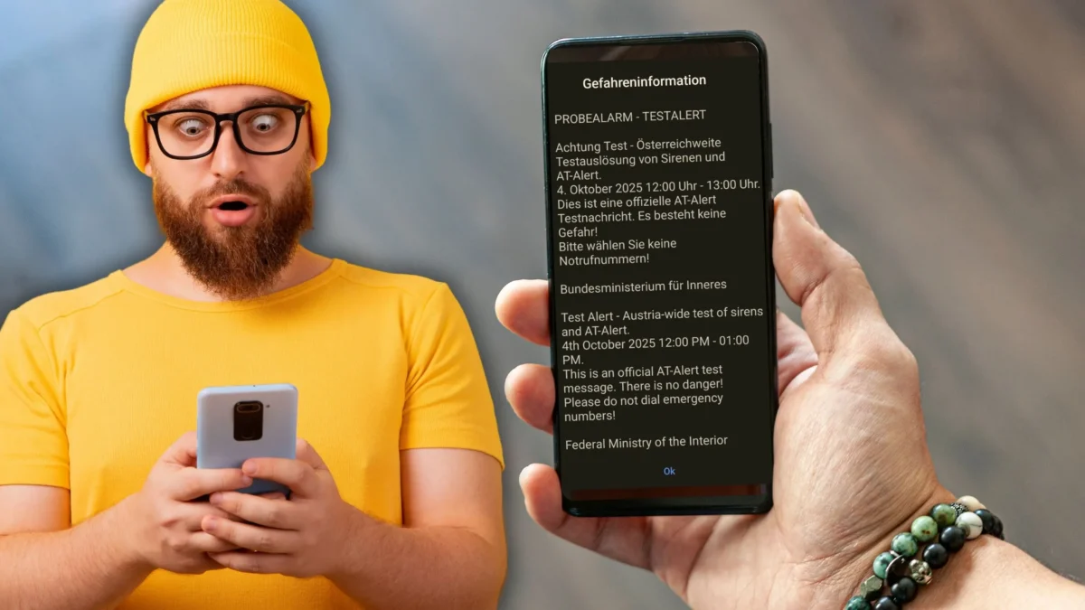Foto in Beitrrag von 5min.at zeigt einen Mann mit einem Handy in der Hand und ein Handy mit der Warnmeldung.