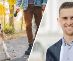 Eine Bildmontage auf 5min.at zeigt einen Hund an der Leine sowie Maximilian Rakuscha.