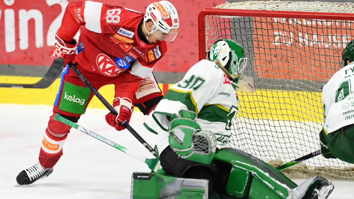 Ein Bild auf 5min.at zeigt das KAC-Eishockeymatch gegen Ferencvárosi TC in der Heidi-Horten-Arena.