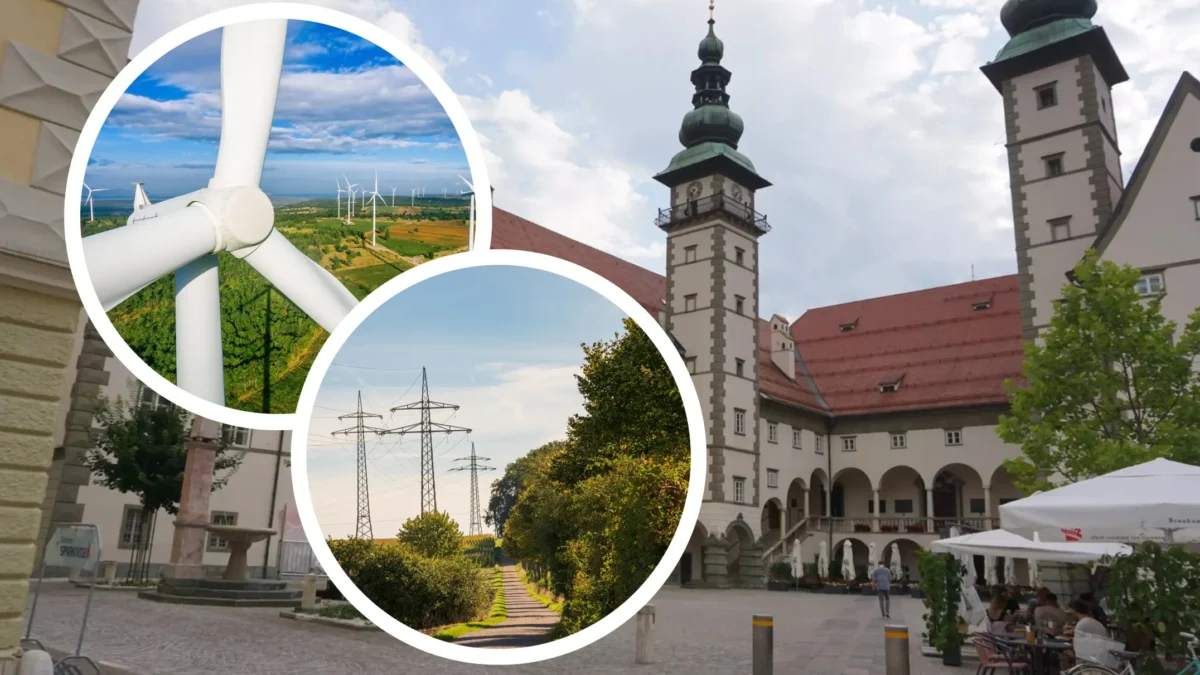 Eine Bildmontage auf 5min.at zeigt ein Windrad, eine Stormleitung sowie den Landhaushof in Klagenfurt.