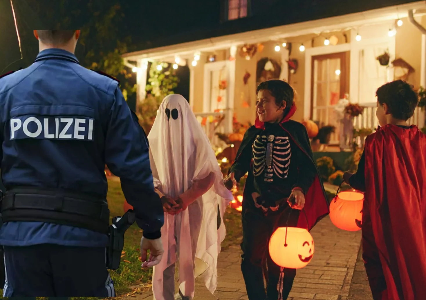 Das Foto auf www.5min.at zeigt Kinder bei der S&uuml;&szlig;igkeitentour und einen Polizisten.