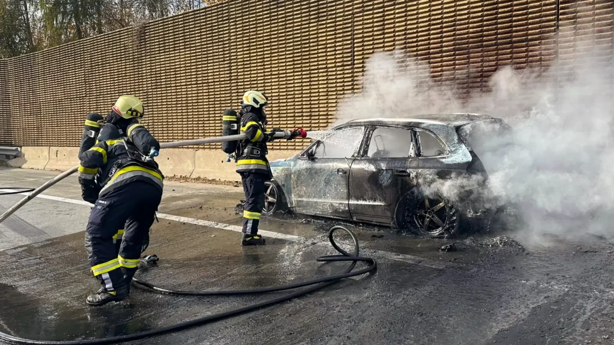 Ein Bild auf 5min.at zeigt den Einsatz auf der A2. Feuerwehrleute löschen ein brennendes Auto. Rauchwolken steigen auf.