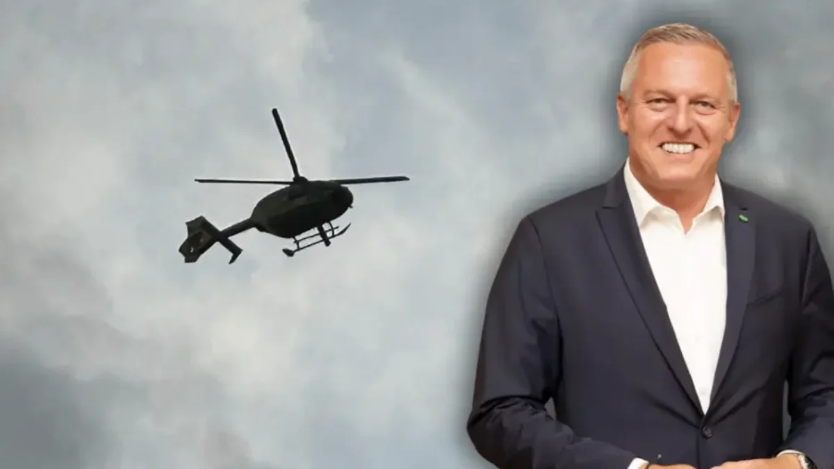Foto auf 5min.at zeigt einen Hubschrauber und Mario Kunasek.