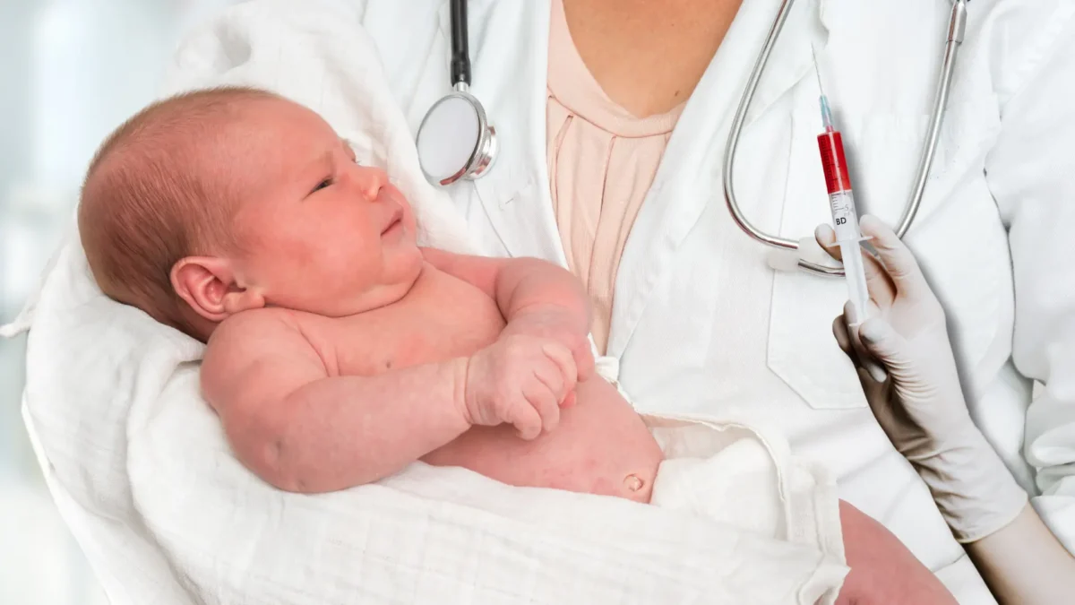 Das Bild auf 5min.at zeigt ein Baby in den Händen eines Arztes und eine Spritze.