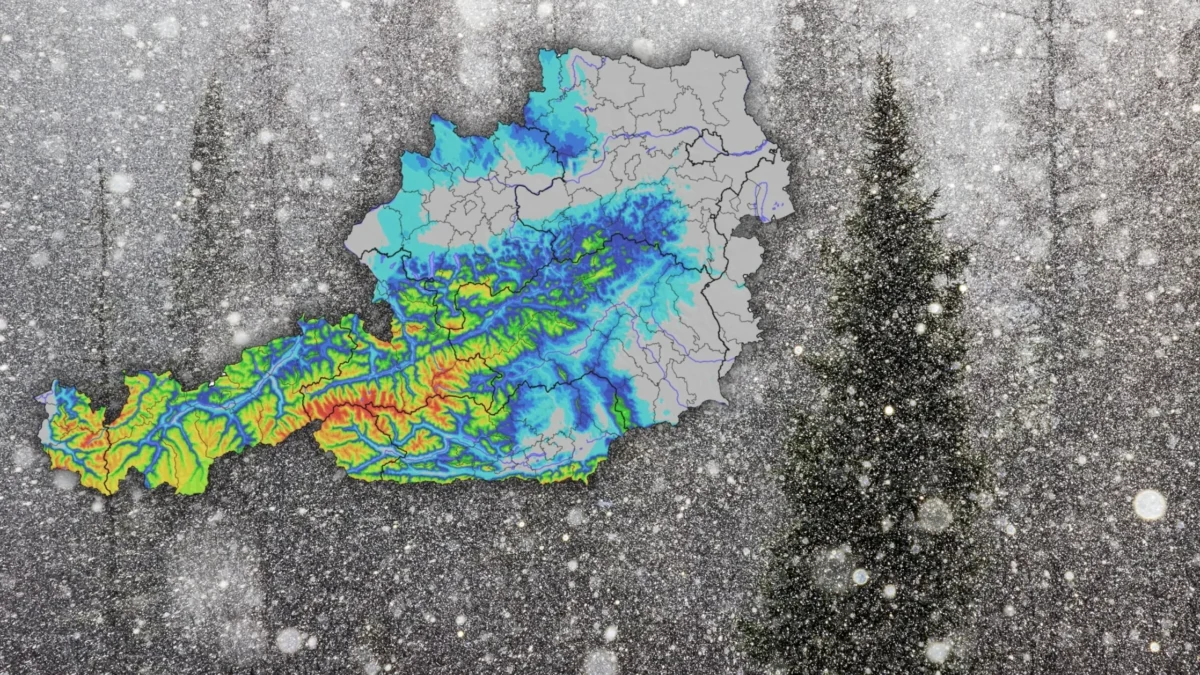Foto in Beitrag von 5min.at zeig eine verschneite Landschaft und davor eine Karte, wie viel Schnee fallen soll.