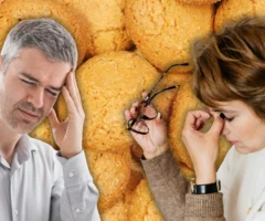 Foto in Beitrag von 5min.at zeigt zwei Menschen mit Kopfschmerzen und im Hintergrund Amaretti-Kekse.