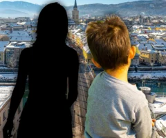 Foto in Beitrag von 5min.at zeigt eine Frauensilhouette, einen Bub von hinten und die Stadt Villach im Winter von oben im Hintergrund.