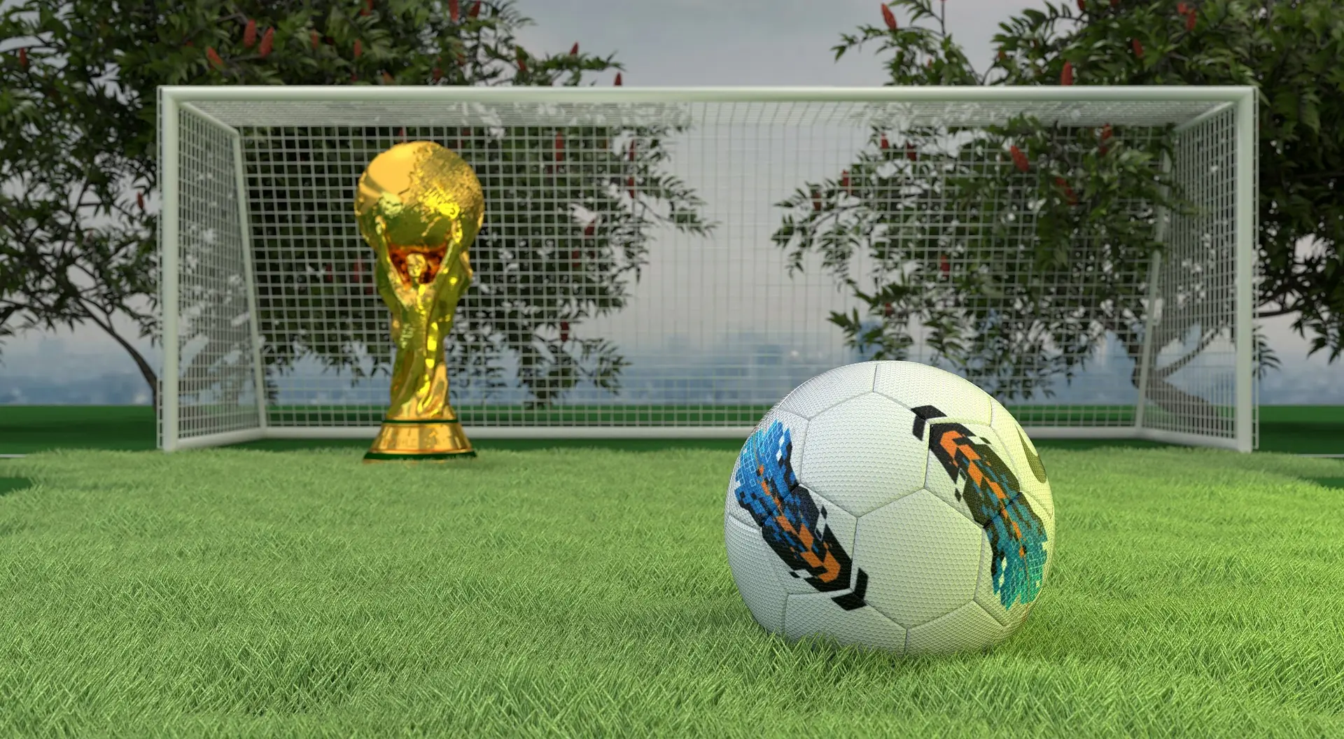 Das Bild auf 5min.at zeigt den WM-Pokal, einen Fußball und ein Tor.