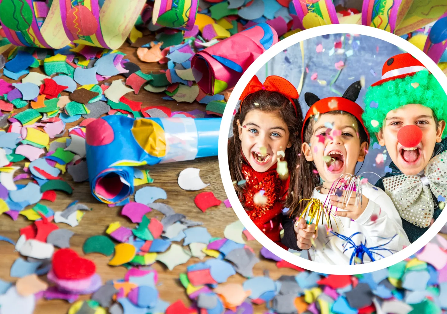 Das Bild auf 5min.at zeigt verkleidete Kinder zu Fasching und Konfetti.