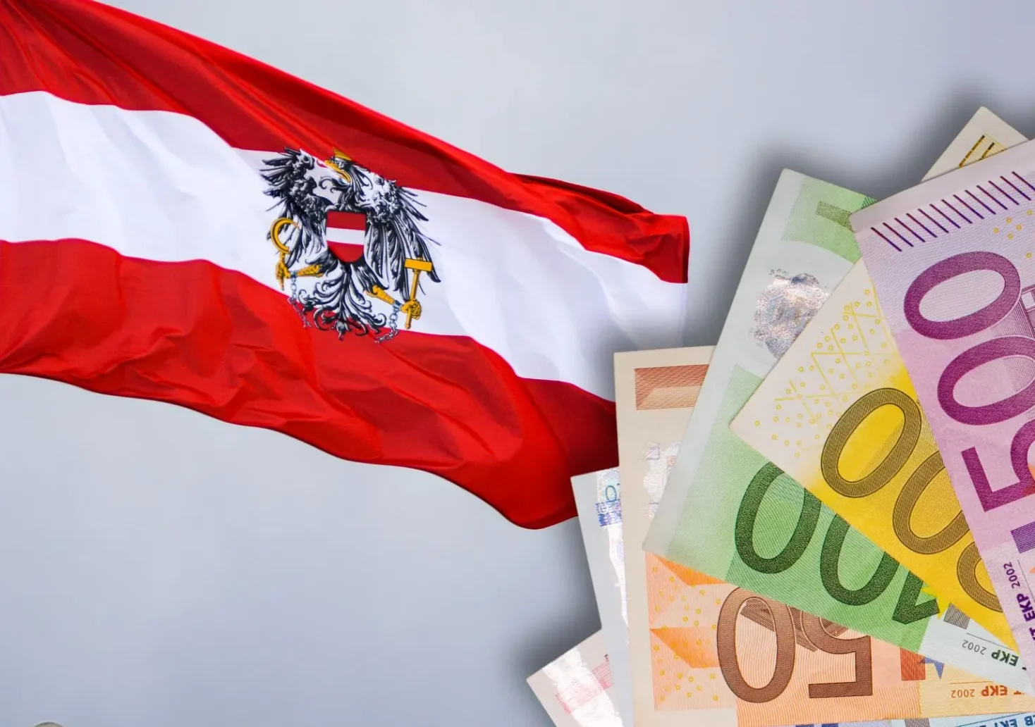 Eine Bildmontage auf 5min.at zeigt die Österreichische Flagge sowie Euroscheine.