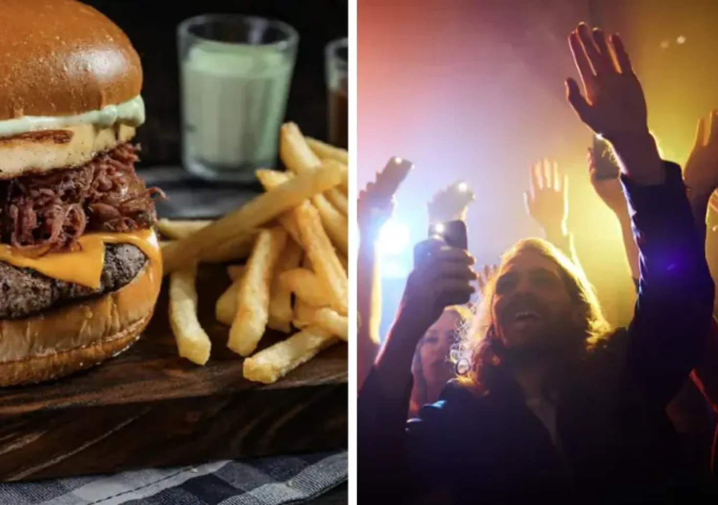 Fotomontage zeigt einen Burger und Pommes und Menschen bei einem Rave.