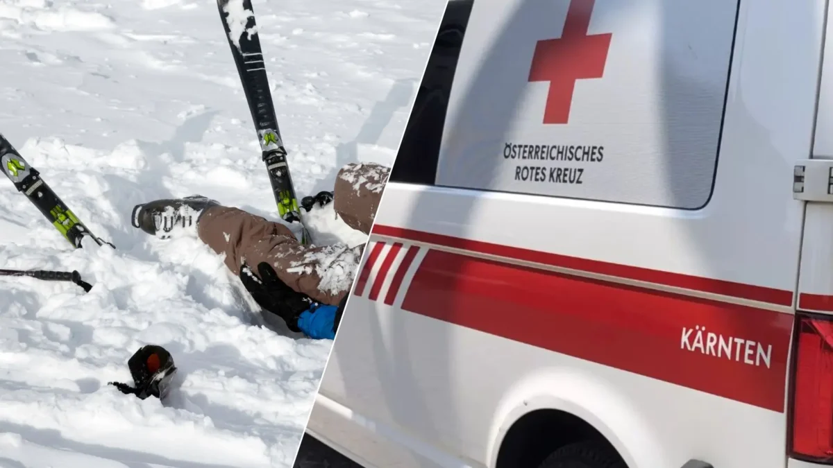 Eine Bildmontage auf 5min.at zeigt einen verletzten Skifahrer im Schnee sowie ein Einsatzfahrzeug des Roten Kreuzes.