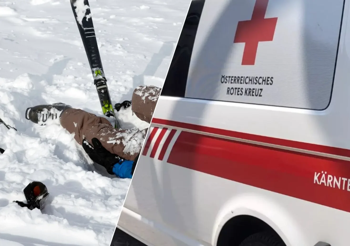 Eine Bildmontage auf 5min.at zeigt einen verletzten Skifahrer im Schnee sowie ein Einsatzfahrzeug des Roten Kreuzes.