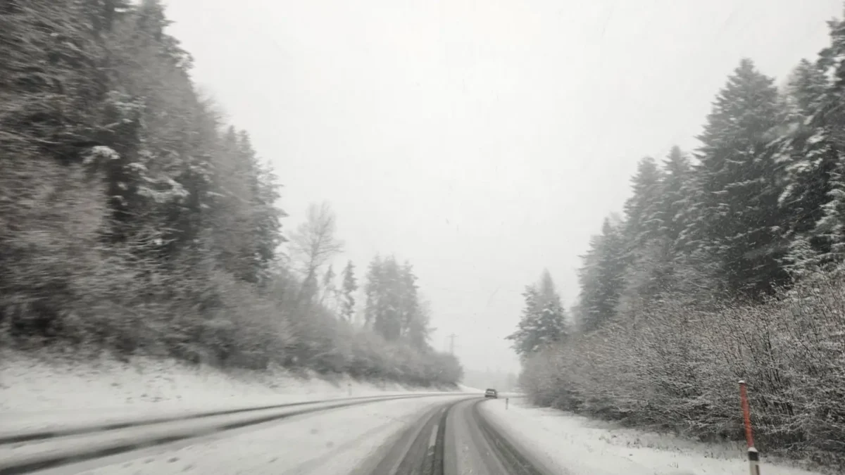 Ein Bild auf 5min.at zeigt eine Straße, es herrscht Schneefahrbahn.