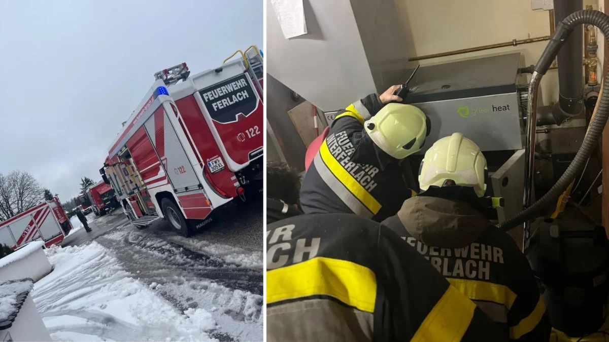 Eine Bildmontage auf 5min.at zeigt Einsatzfahrzeuge der Feuerwehr, sowie Florianis, die eine Heizung checken.