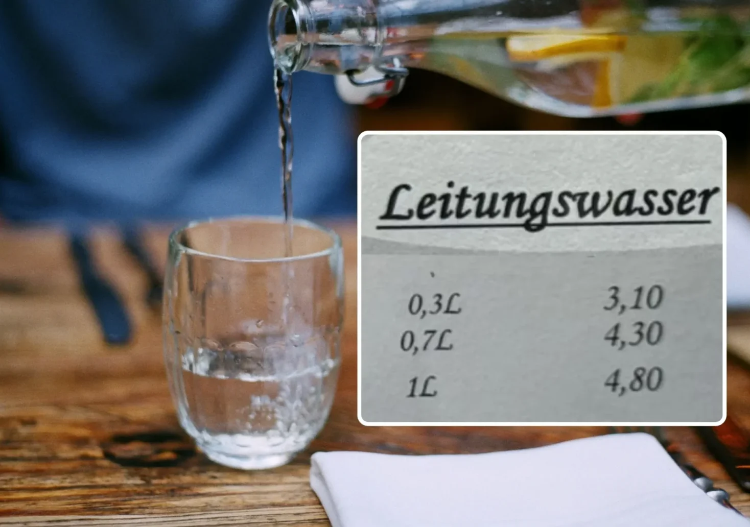 Foto in Beitrag von 5min.at zeigt eine Flasche mit Wasser und ein Glas sowie die Preise fürs Leitungswasser.