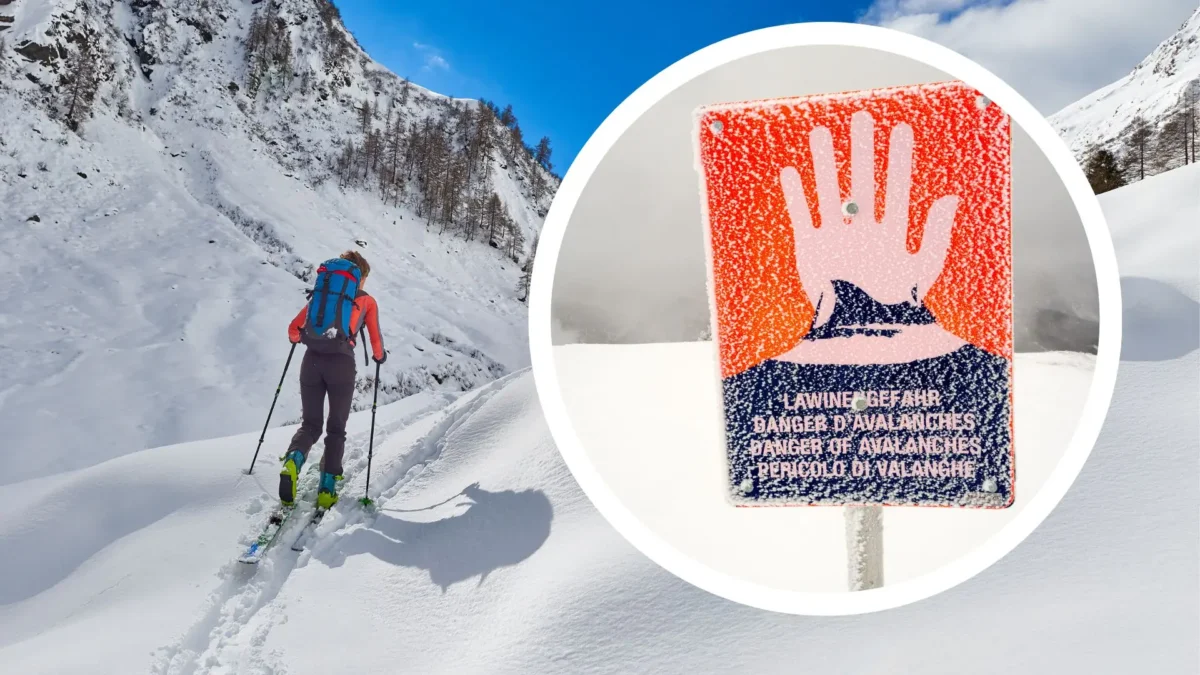 Eine Bildmontage auf 5min.at zeigt einen Wintersportler beim Skitouren Gehen sowie ein Lawinenwarnschild.