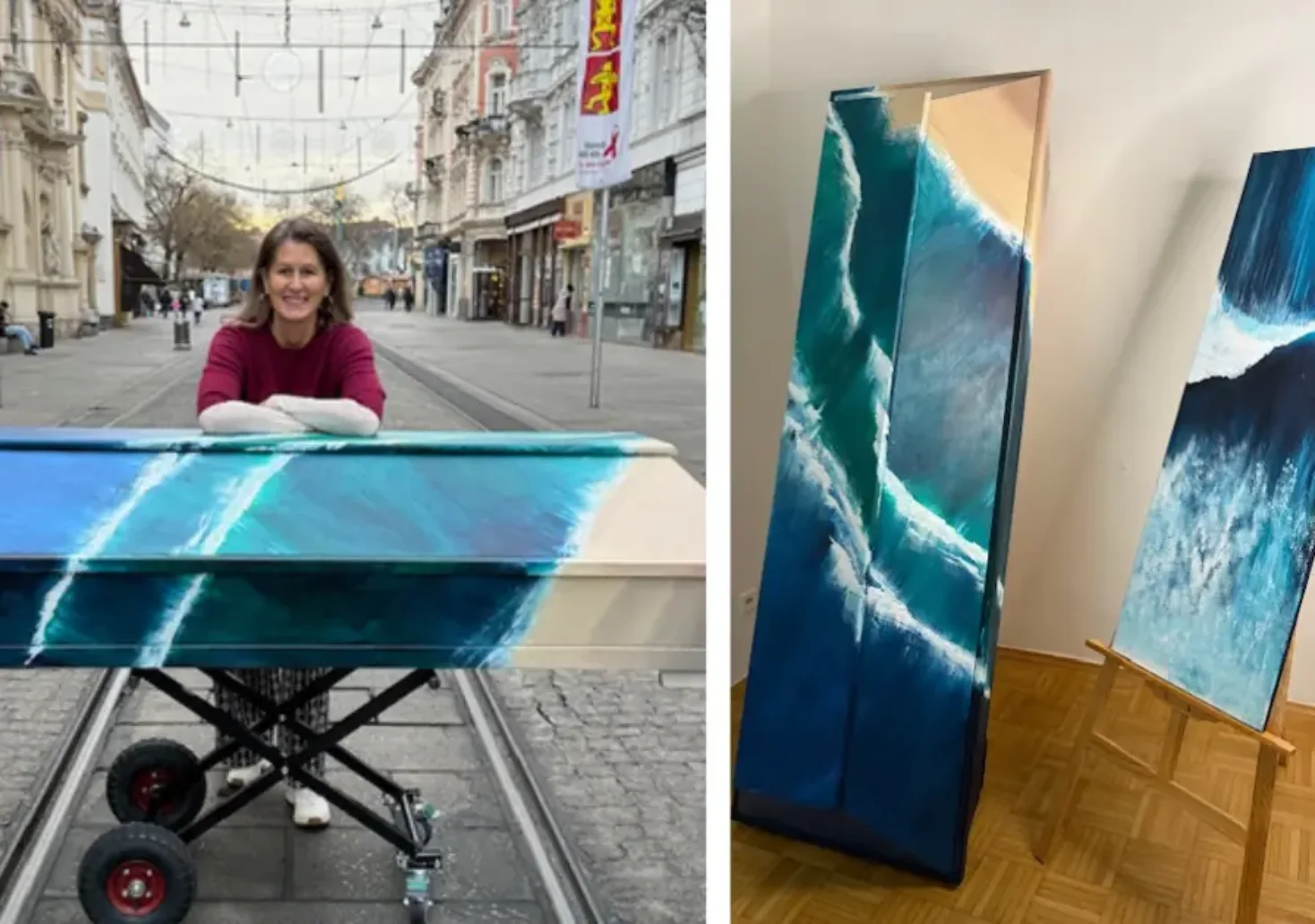 Bild auf 5min.at zeigt eine Frau mit einem bemalten Sarg.