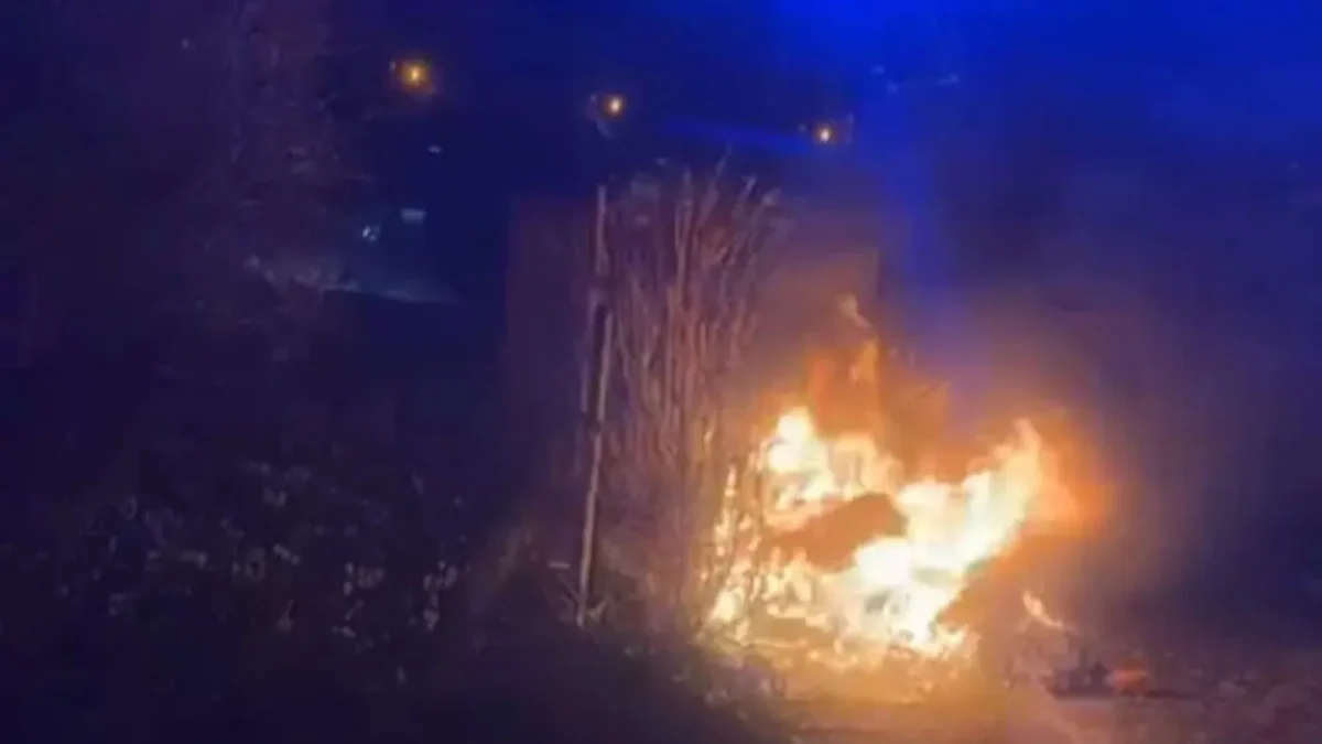 Ein Bild auf 5min.at zeigt eine brennende Mülltonne.