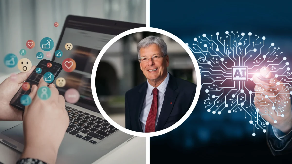 Das Bild auf 5min.at zeigt Landeshauptmann Peter Kaiser und Social Media, sowie KI-Symbole.