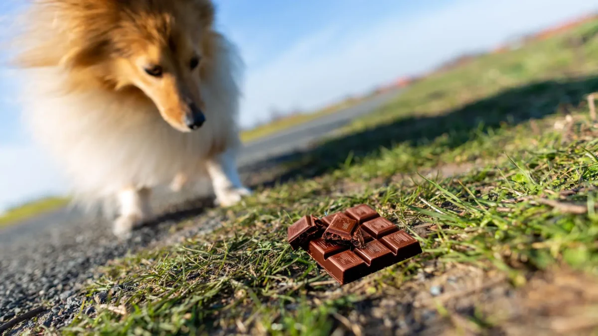 Auf dem Foto von www.5min.at sieht man einen Hund, der einen Giftköder (Schokolade) isst.