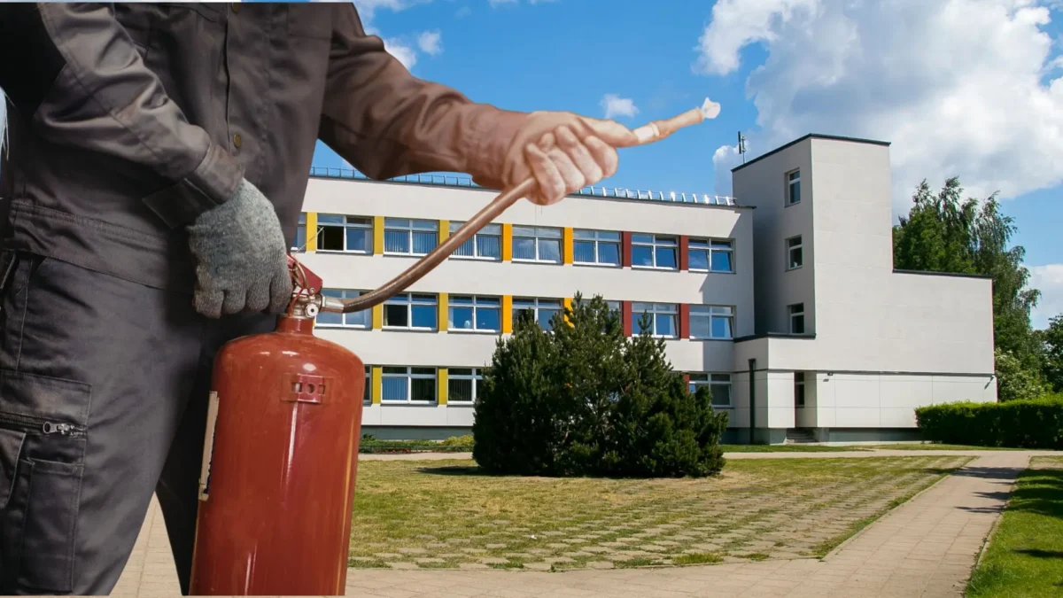 Auf dem Foto von www.5min.at sieht man eine Schule und wie jemand das Feuer löscht.