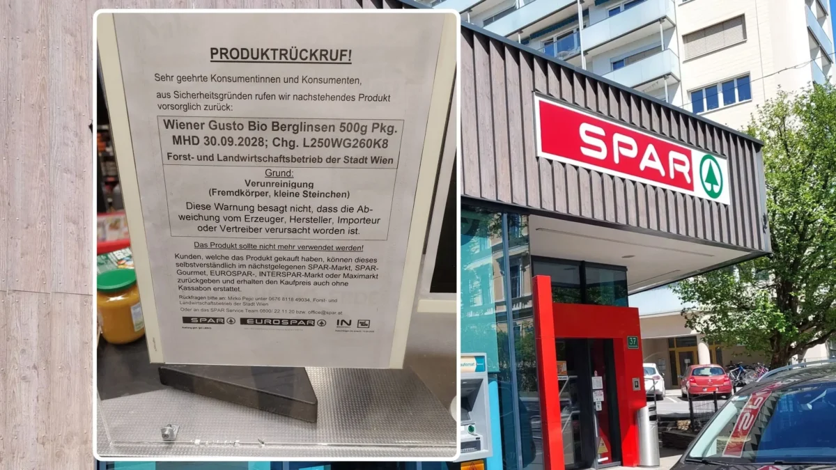 Foto in Beitrag von 5min.at zeigt einen SPAR-Markt in Graz und den Rückruf.