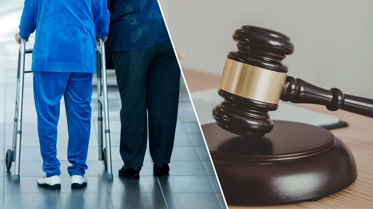 Ein Bild auf 5min.at zeigt eine alte Frau mit Rollator und eine Pflegekraft sowie einen Gerichtshammer.