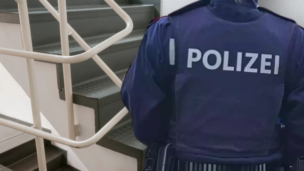 Das Bild auf 5min.at zeigt einen Polizist im Stiegenhaus.